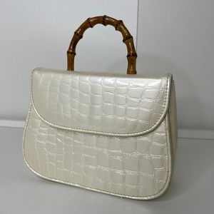 Vintage Croc Embossed Patent Leather Shoulder Bag with Bamboo Handle in White
